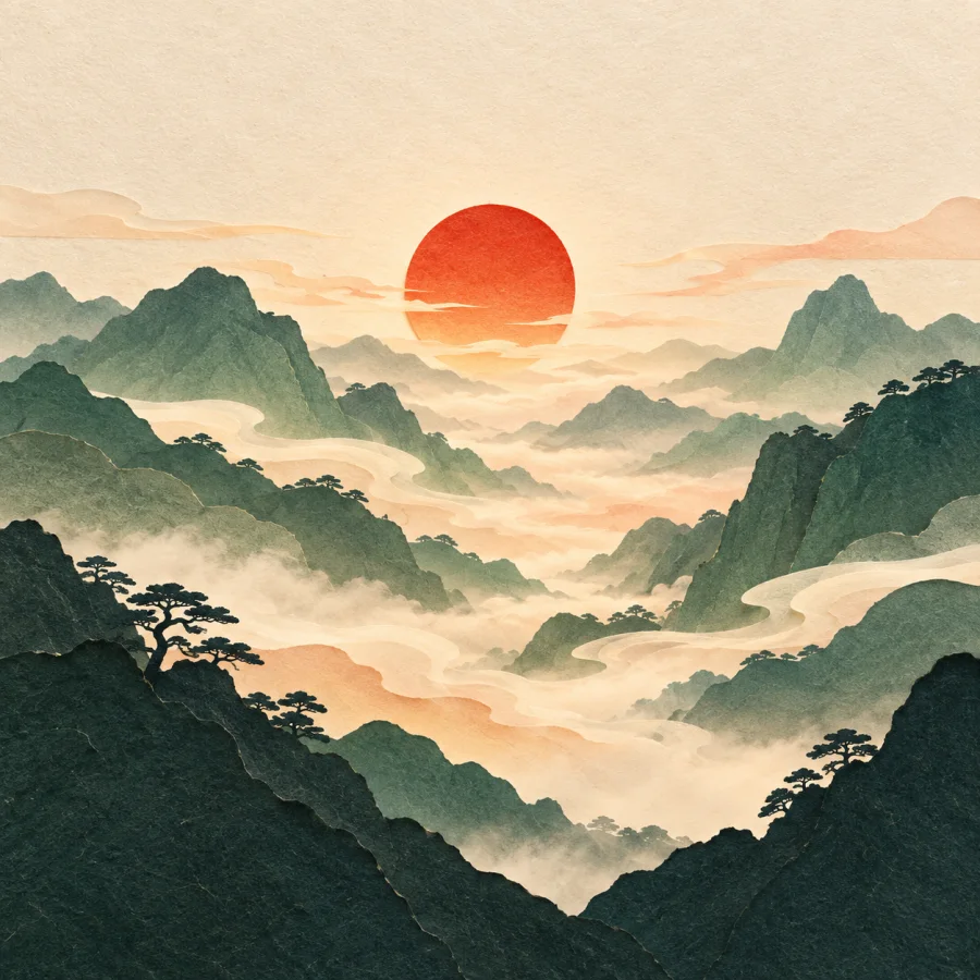 Morning fog in a valley fades under the rising sun