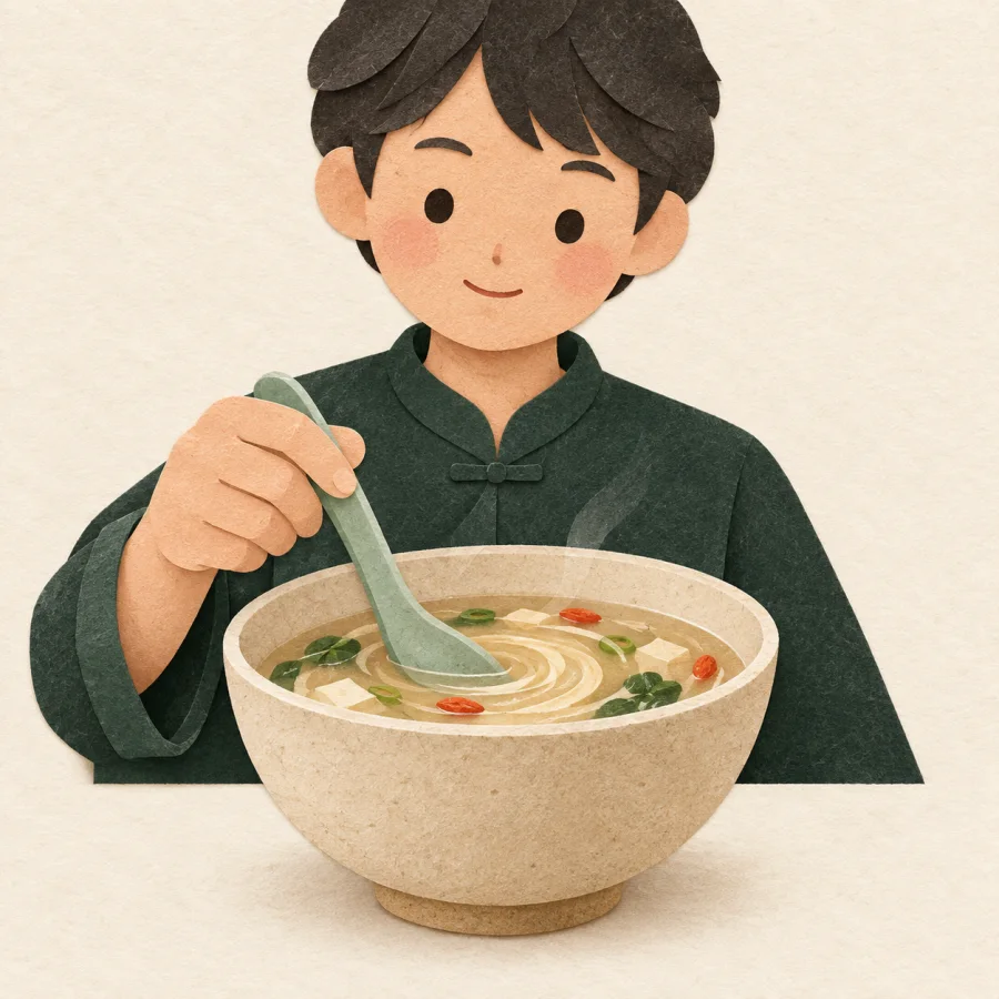 Uma pessoa mexendo uma sopa com uma colher