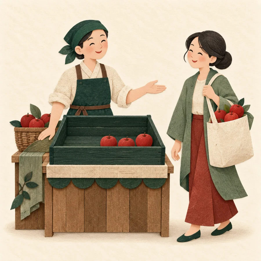 A fruit seller at a stall and a customer with a full bag