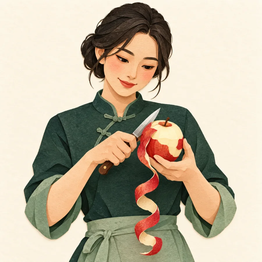 A person peels an apple with a knife, a long peel hanging