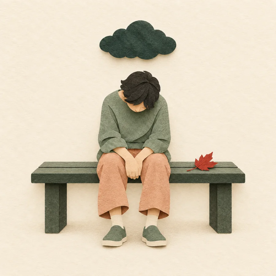 A person sits slumped on a bench with a fallen leaf nearby