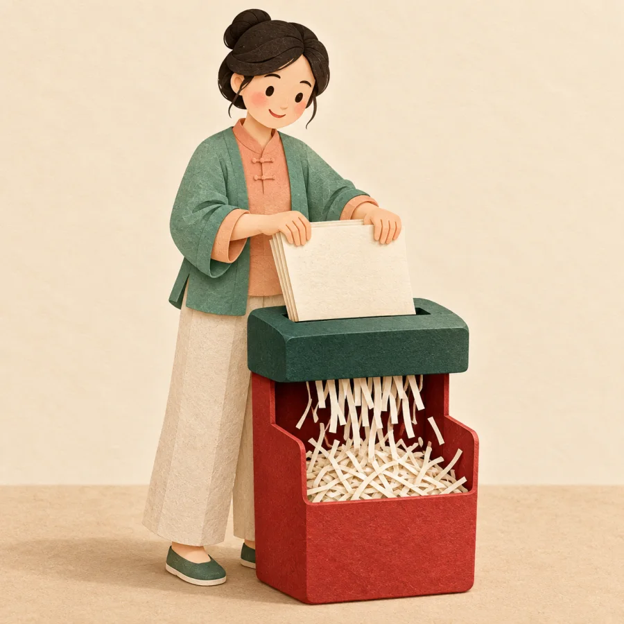 A person feeds papers into a shredder and strips fall into a bin