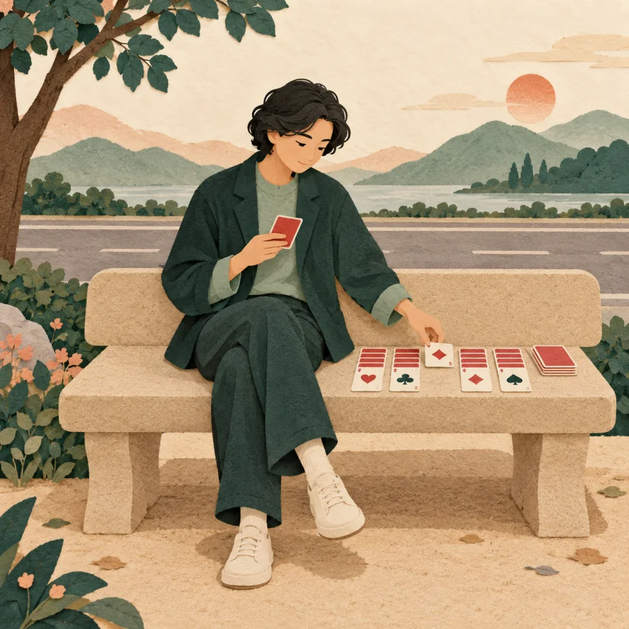 A person on a bench lays out cards beside an empty road