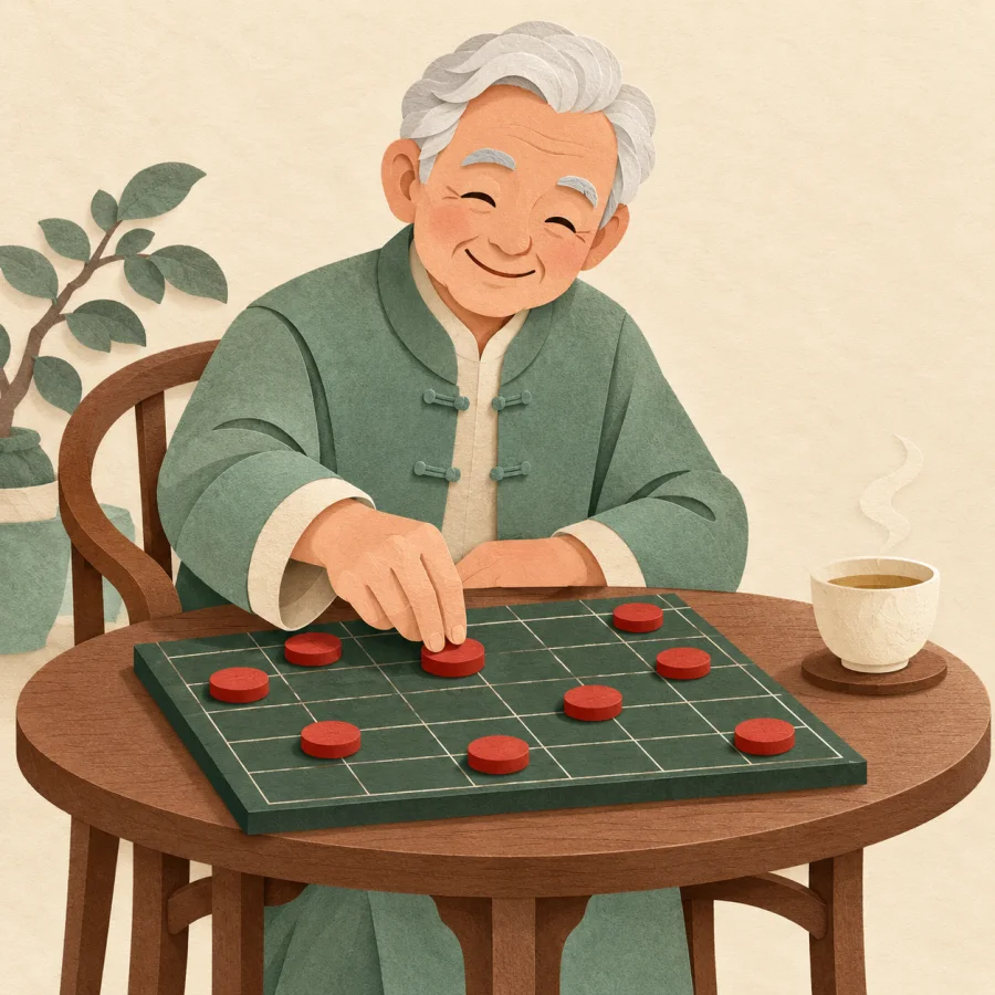 An elderly person plays a board game with tea beside them