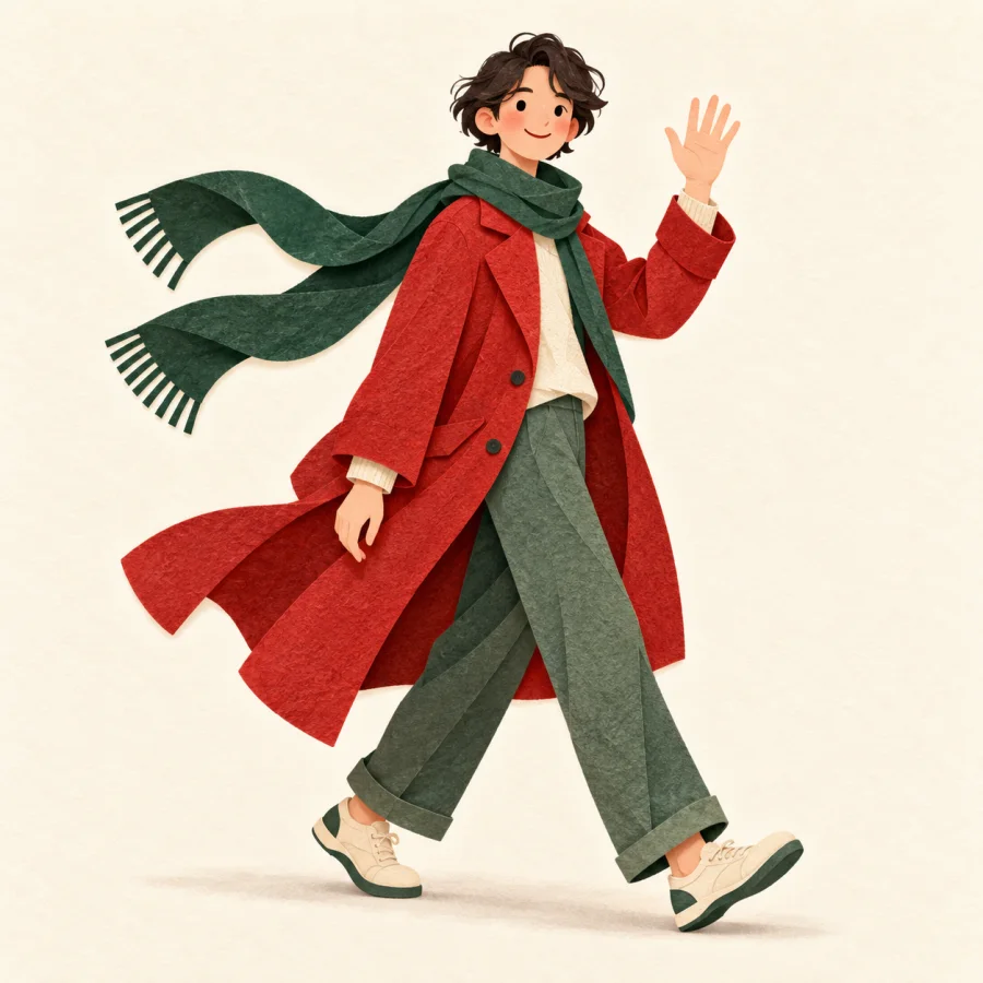 A person in a red coat strides confidently, scarf flying