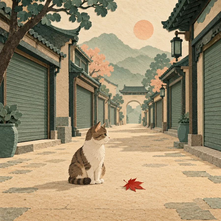 An empty street with closed shops and a single leaf