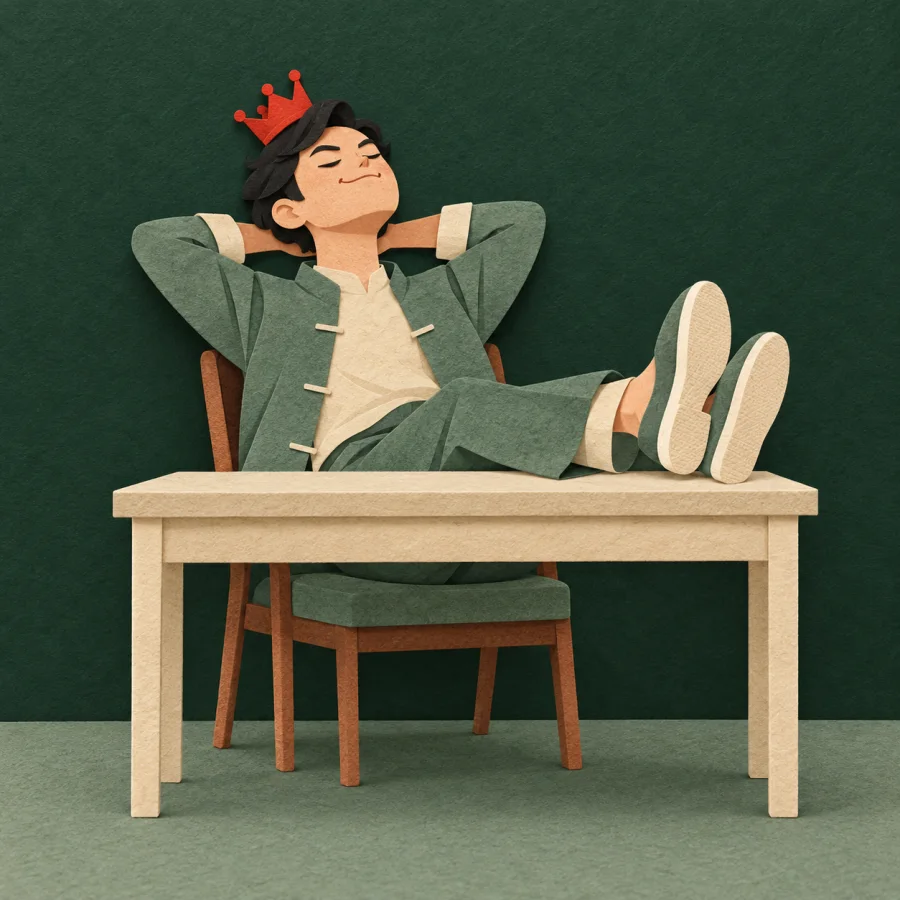 A smug person with a crown puts their feet up on a desk