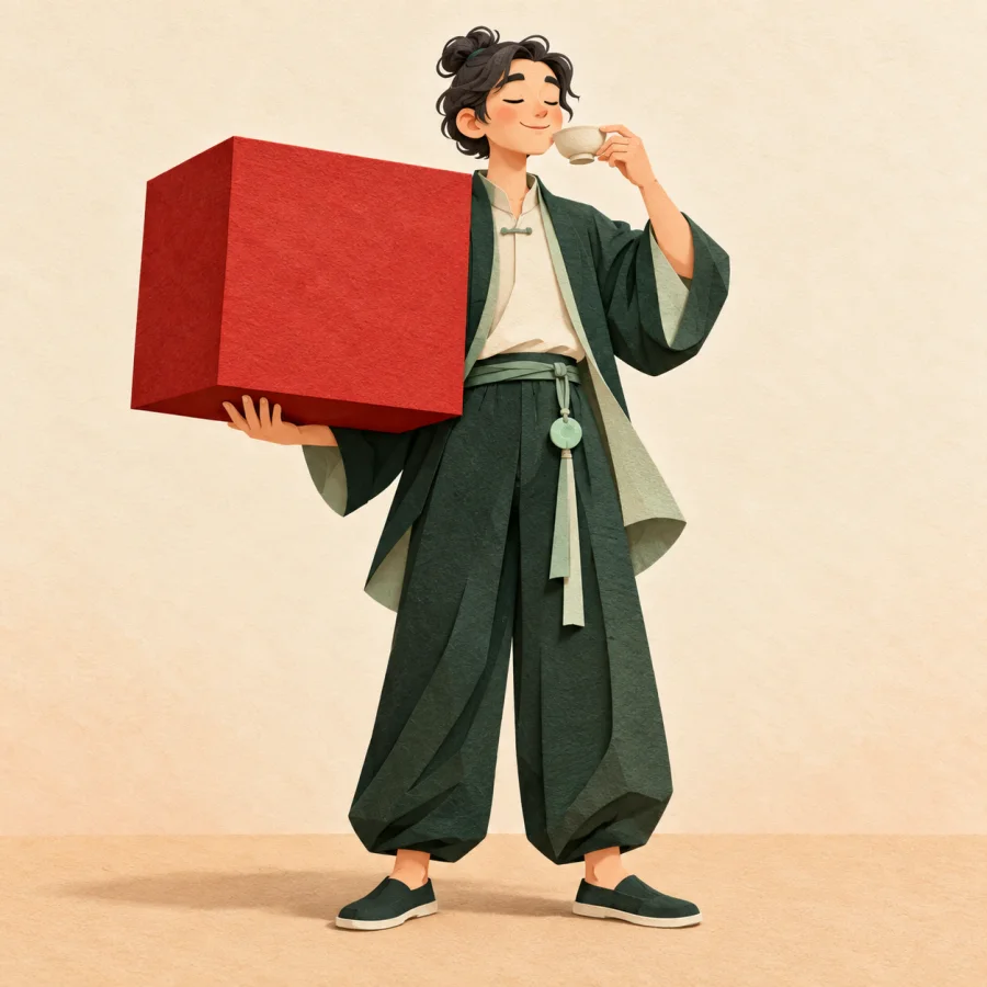 A relaxed person lifts a big box with one hand