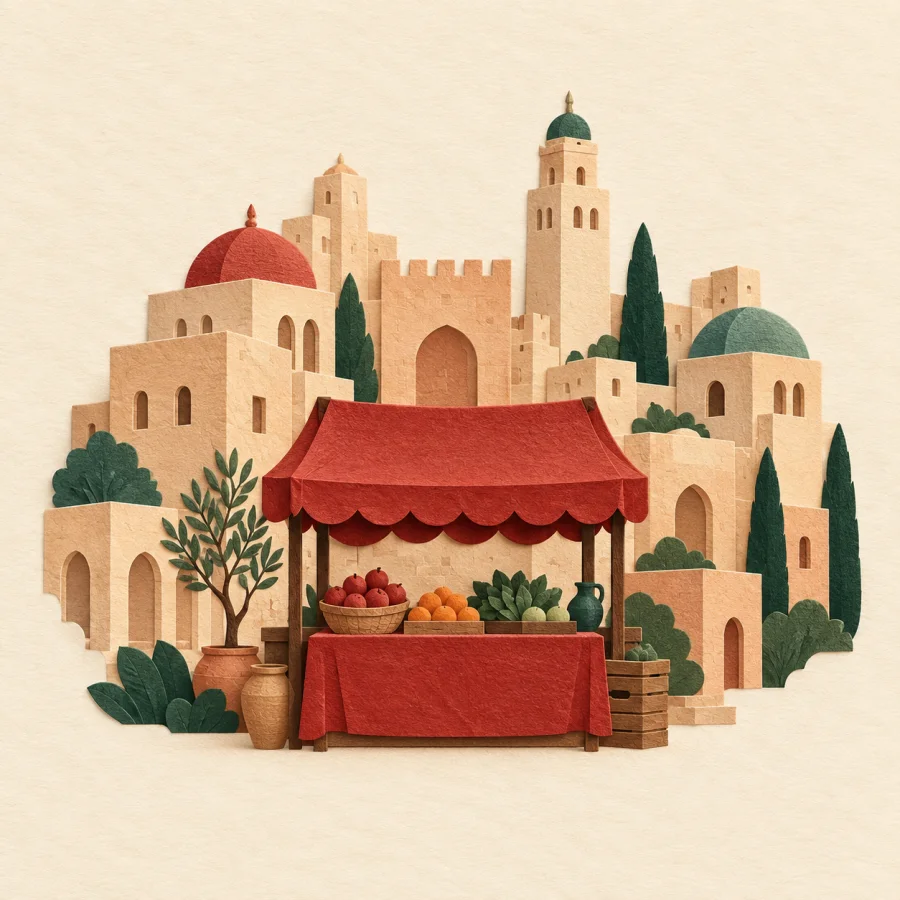 Une skyline de ville avec un étal de marché