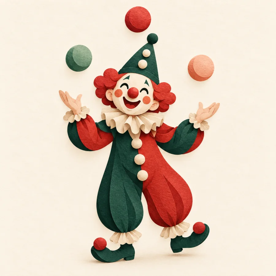 A clown in a pointed hat juggles three balls