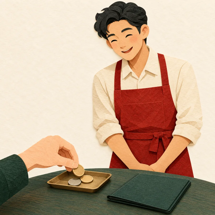 A hand puts coins on a tray beside a waiter
