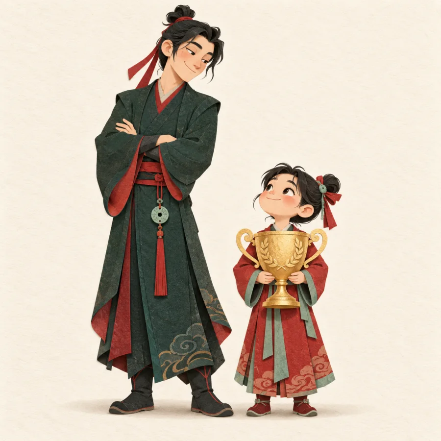 A tall person smirks at a small child holding a big trophy