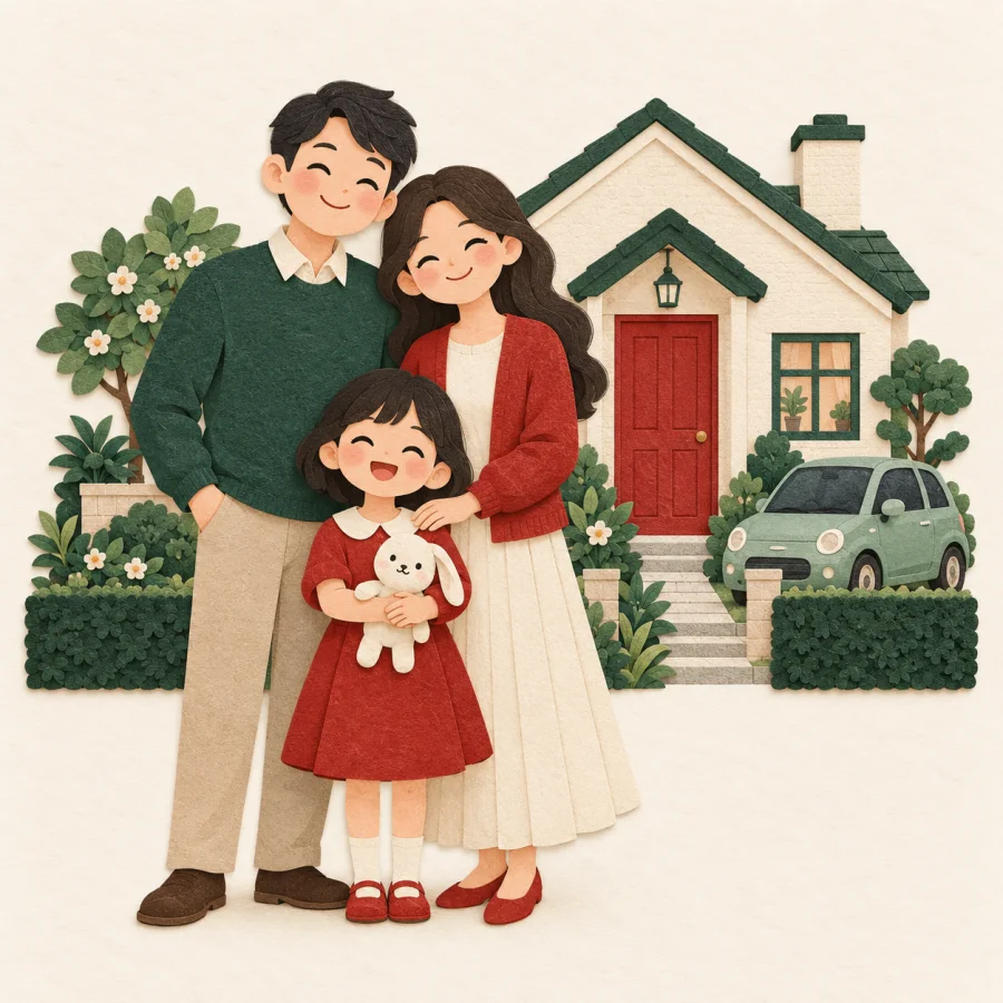 A family of three by a tidy house with a garden and a car