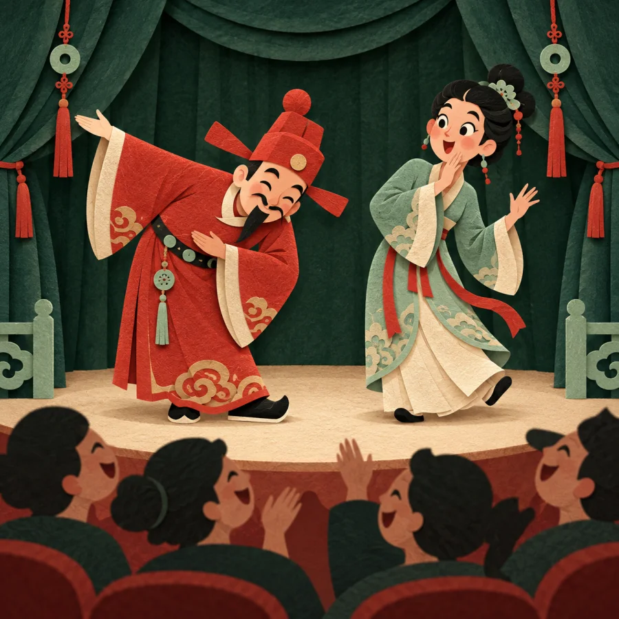 Two performers act a funny scene while the audience laughs