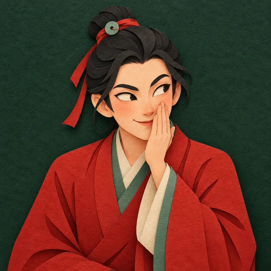 A sly person whispers behind a cupped hand, glancing sideways