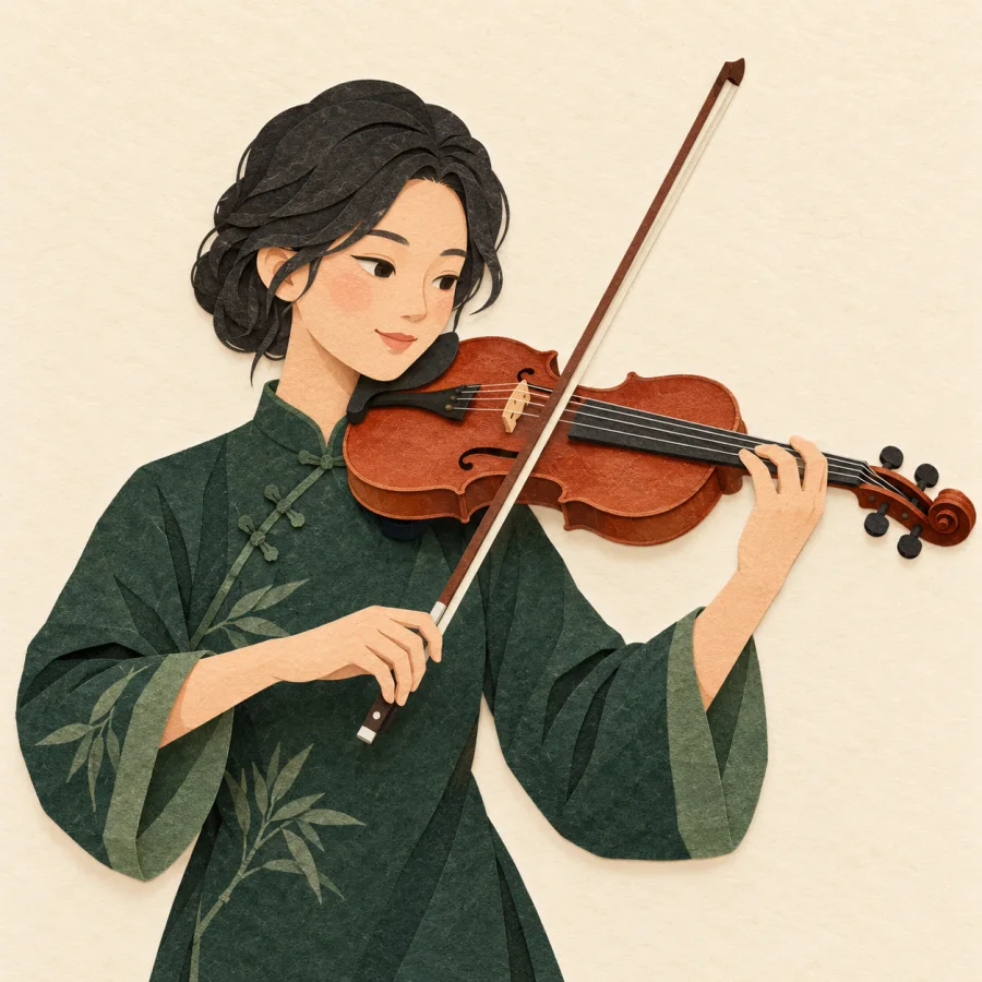 A person plays a violin with a bow raised