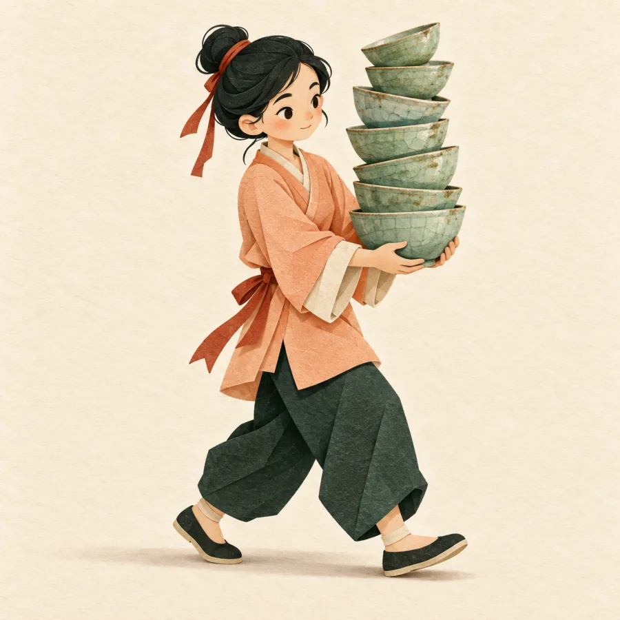 A person gingerly carries a tall stack of porcelain bowls