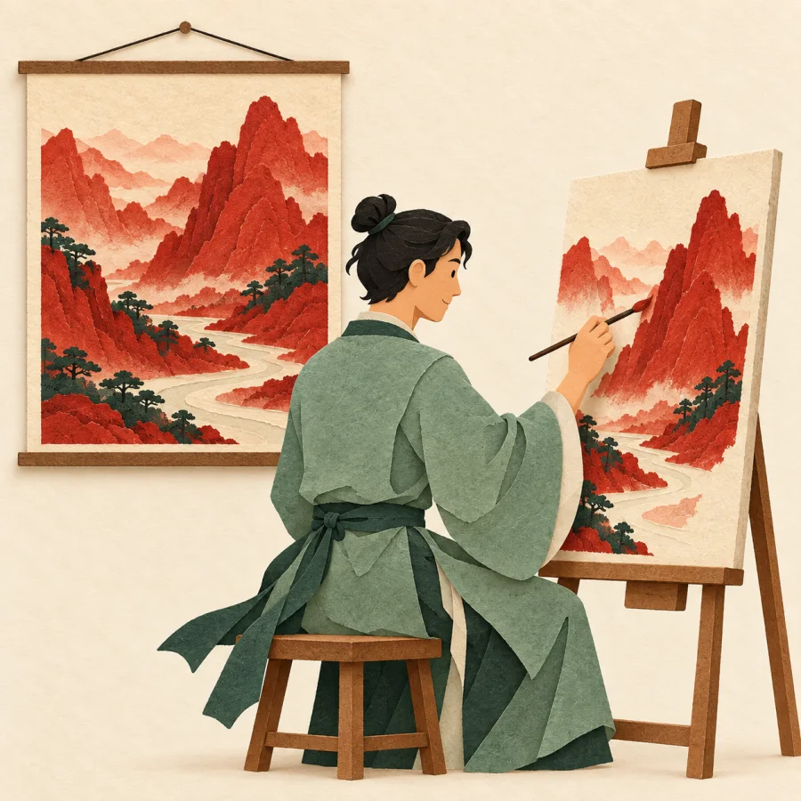 A painter at an easel copies a picture hung on the wall