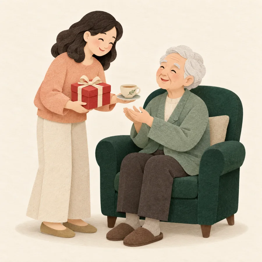 A person offers a gift and a cup of tea to an elderly parent