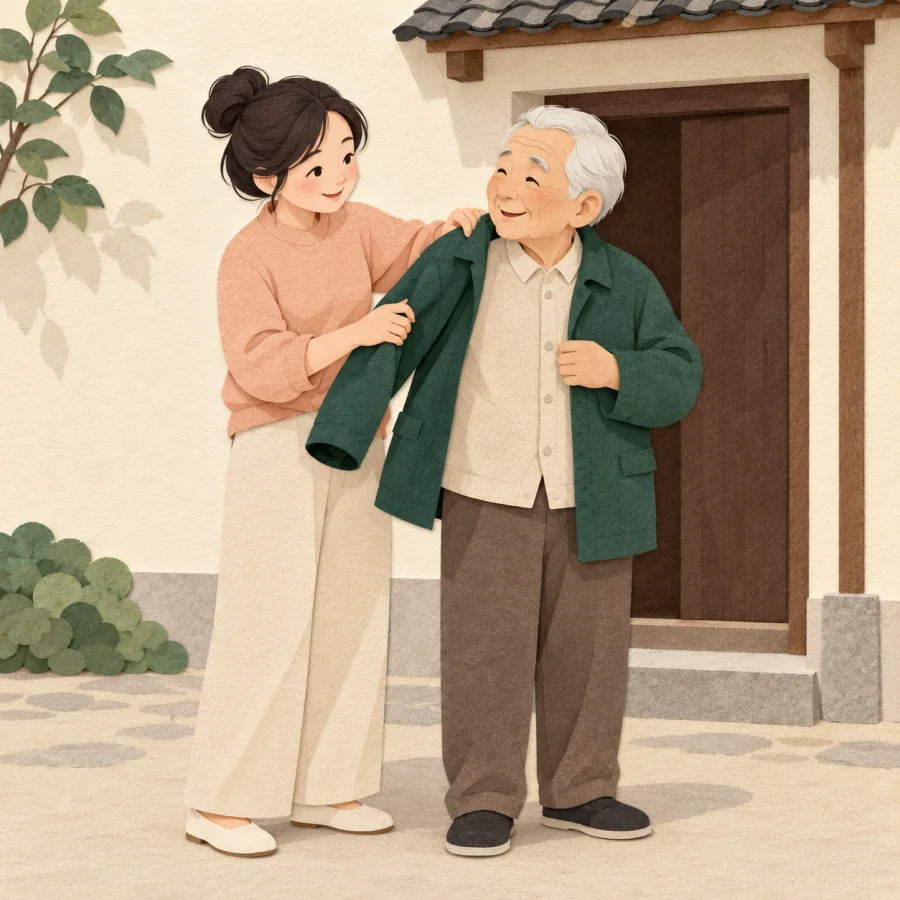 A young person helps an elderly man put on a jacket