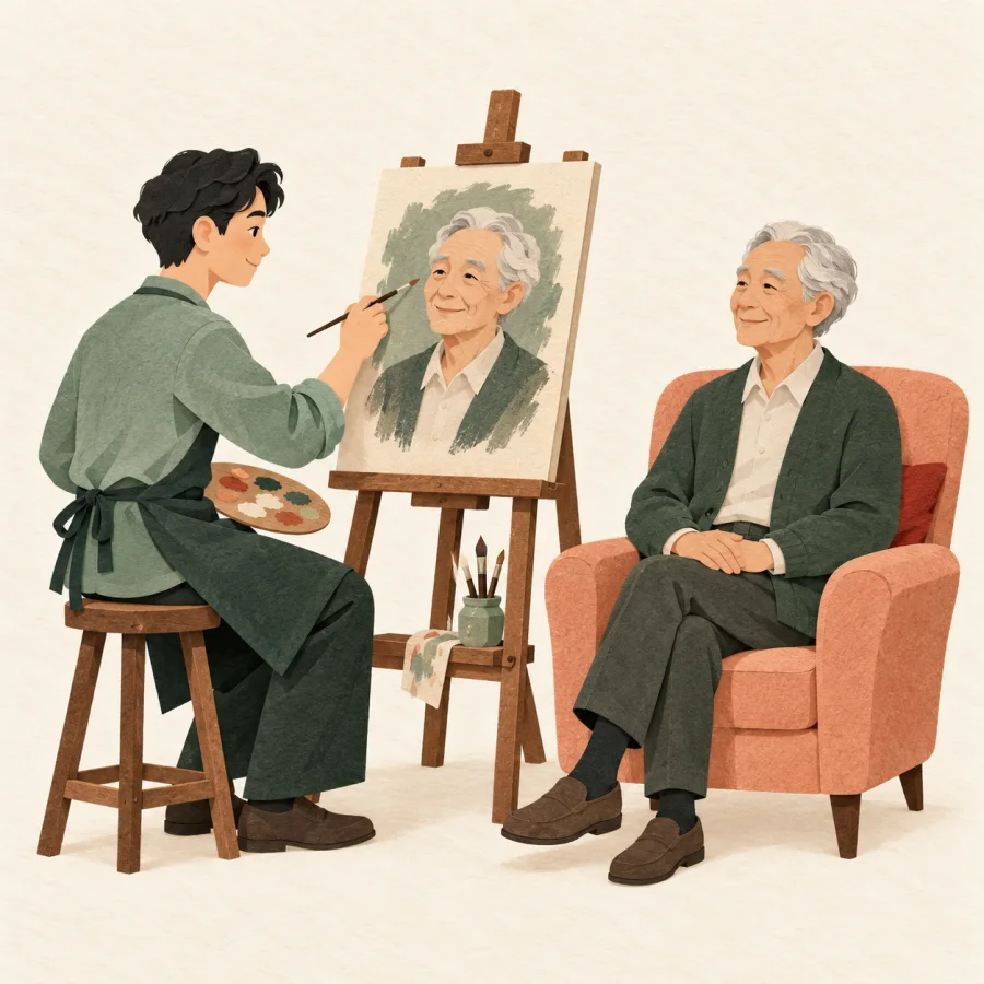 An artist paints a portrait of a seated elderly man