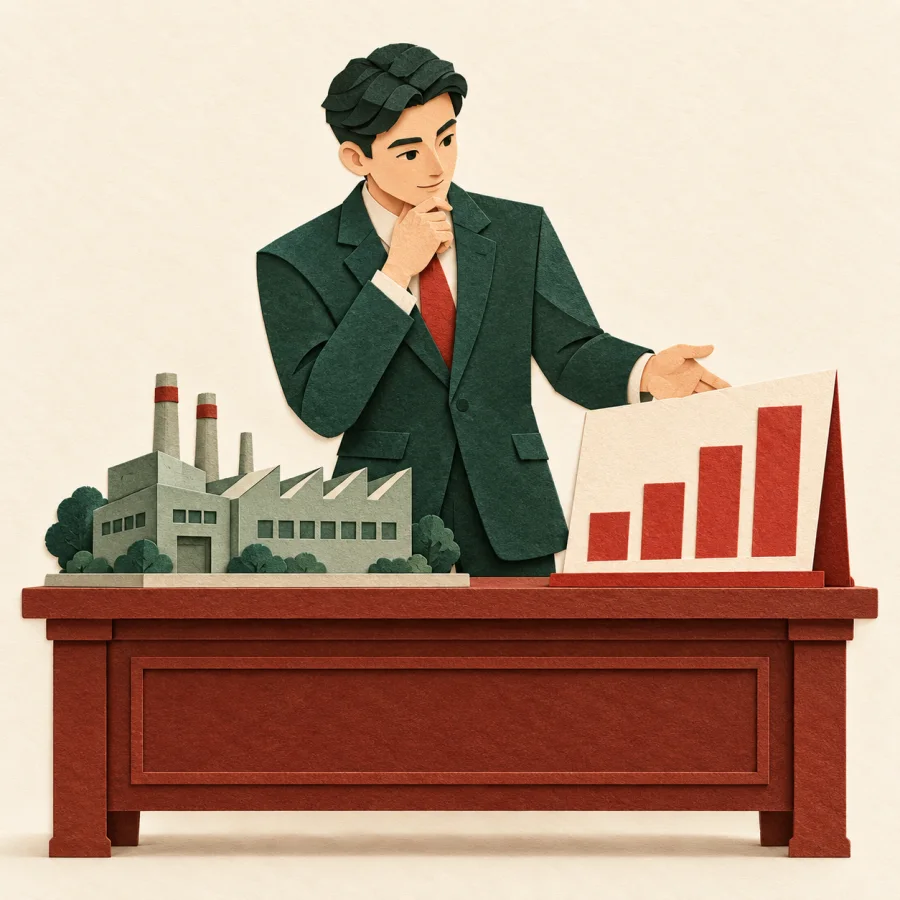 A manager studies a rising bar chart next to a factory model