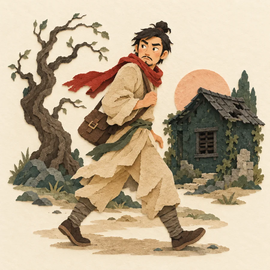 A wary traveler walks past an abandoned dark house and an old tree