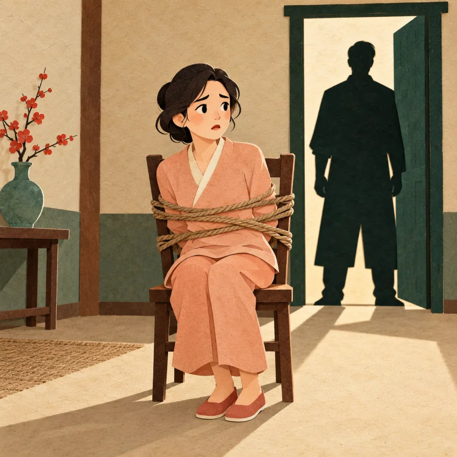 A person tied to a chair while a figure blocks the door