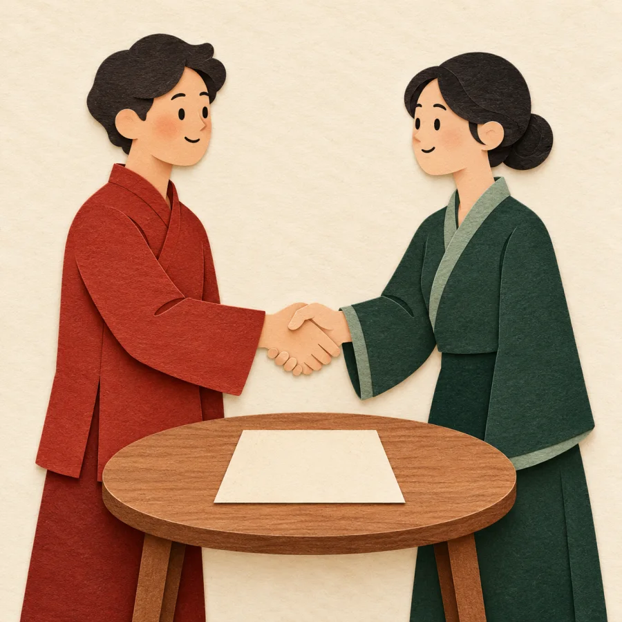 Two people shake hands over a document on a table