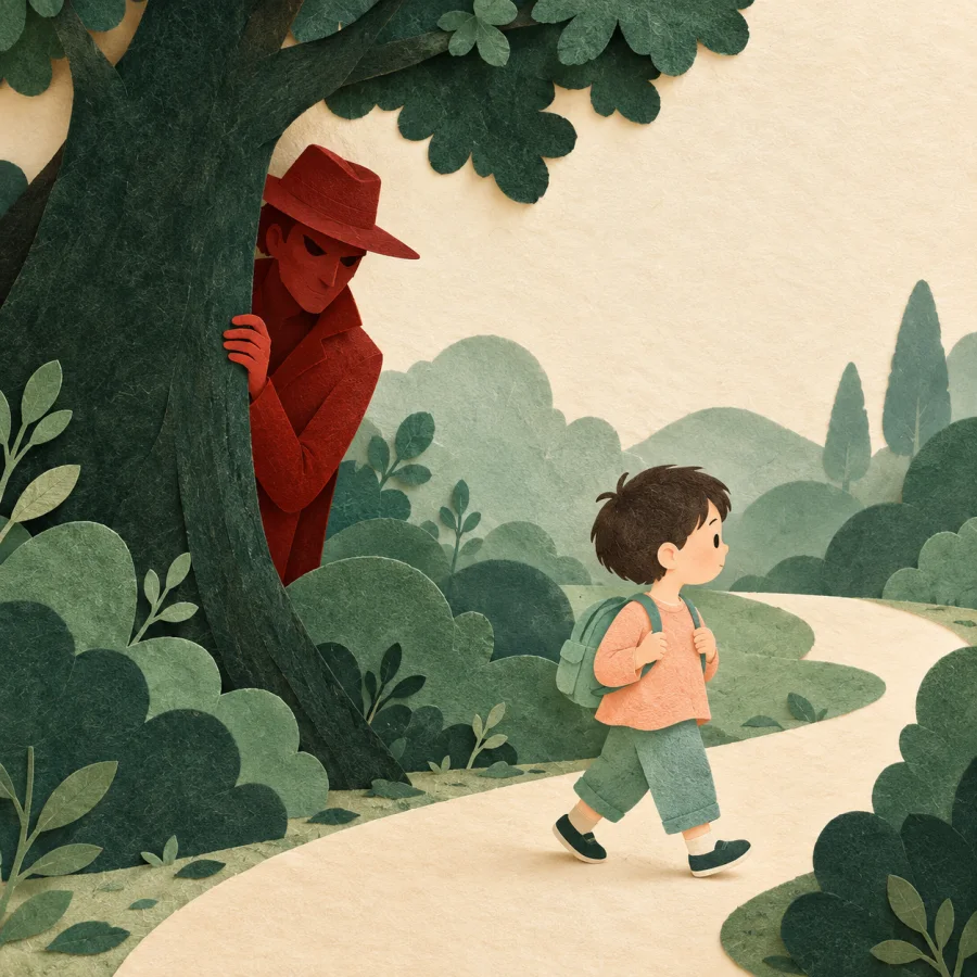 A menacing figure hides behind a tree as a child walks by