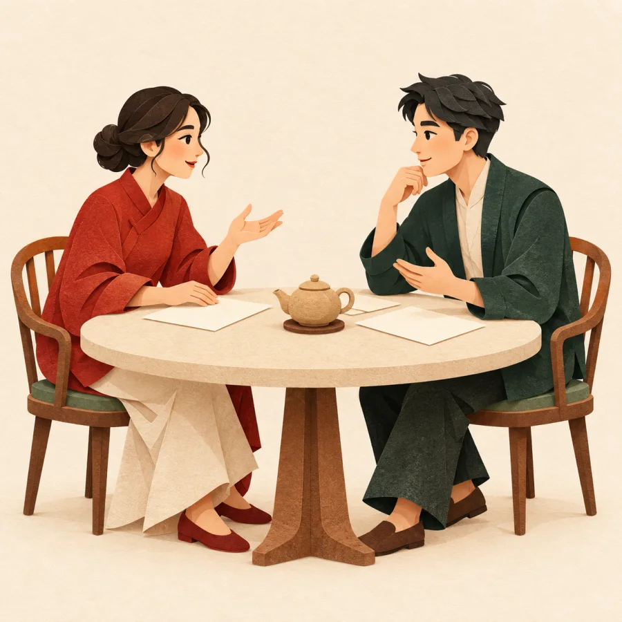 Two people discuss documents across a table with a teapot