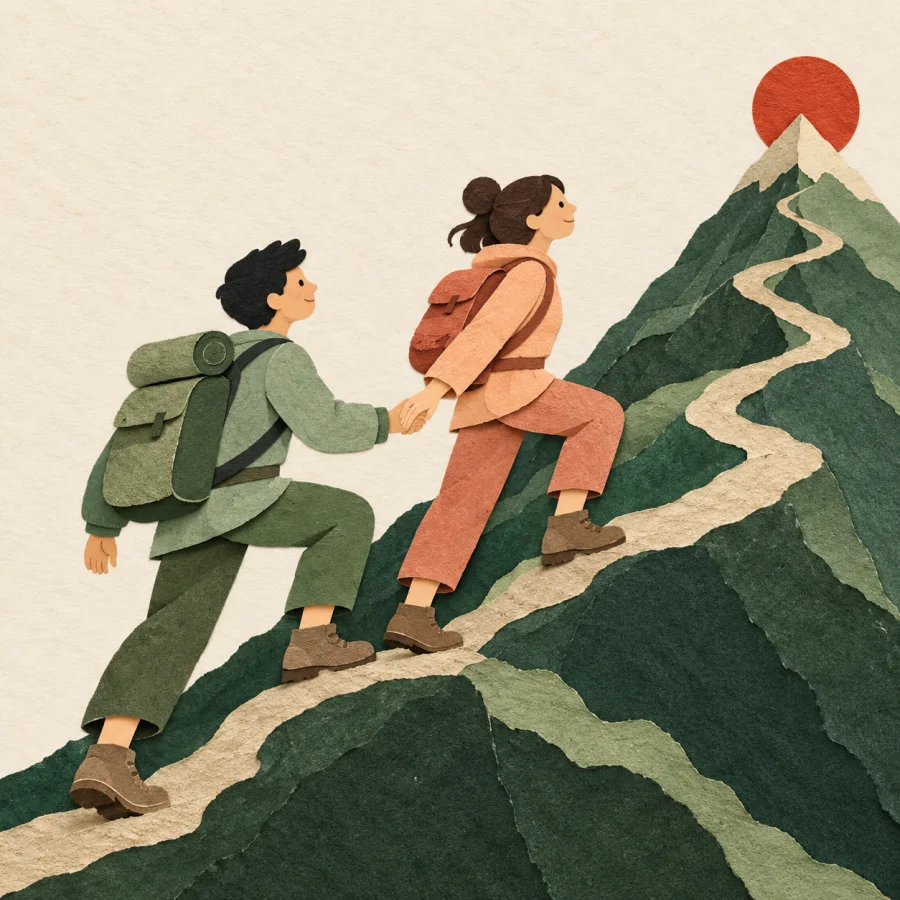 Two people climb a hill hand in hand