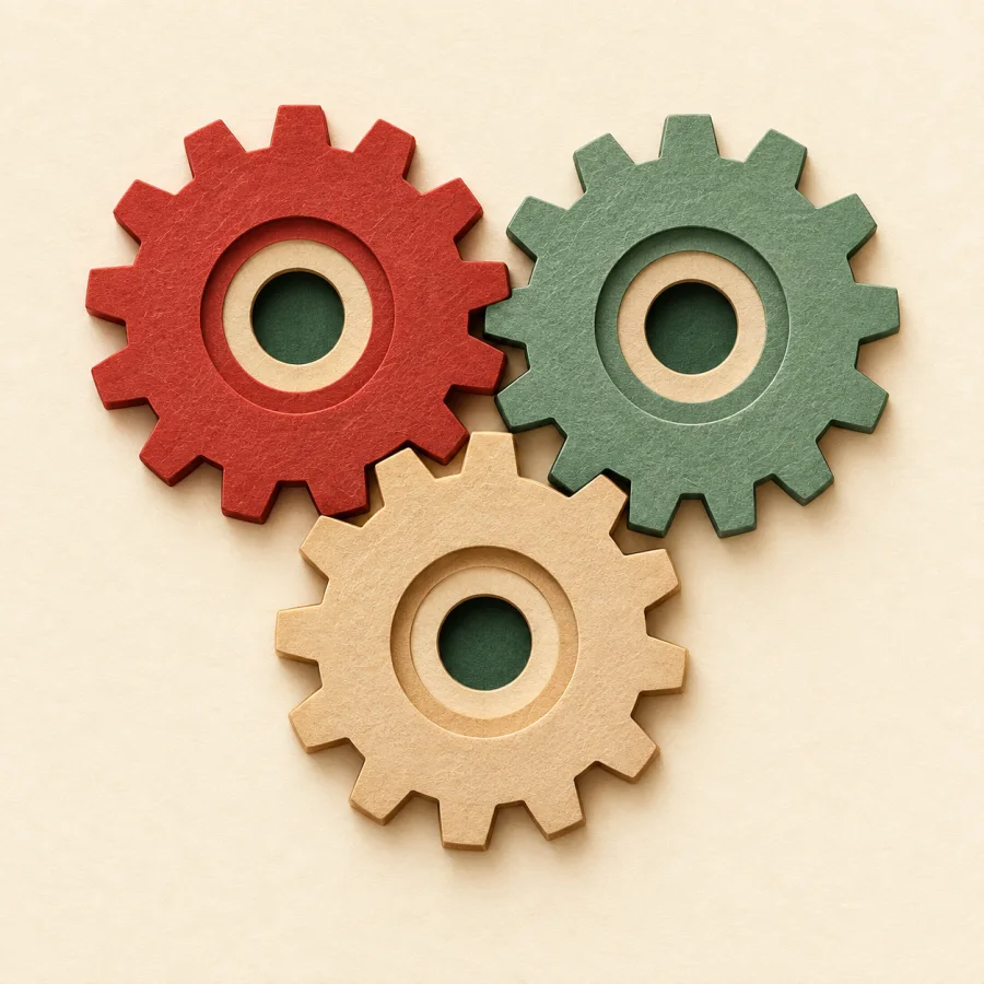 Three interlocking gears turn together as one