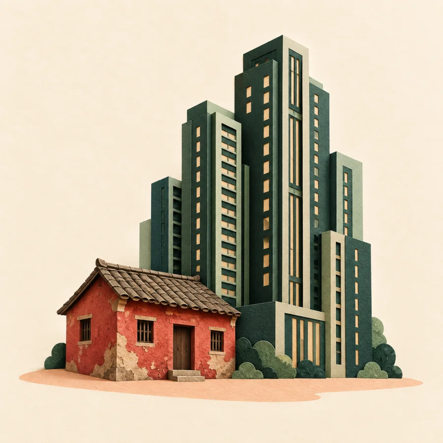An old house stands beside tall modern towers