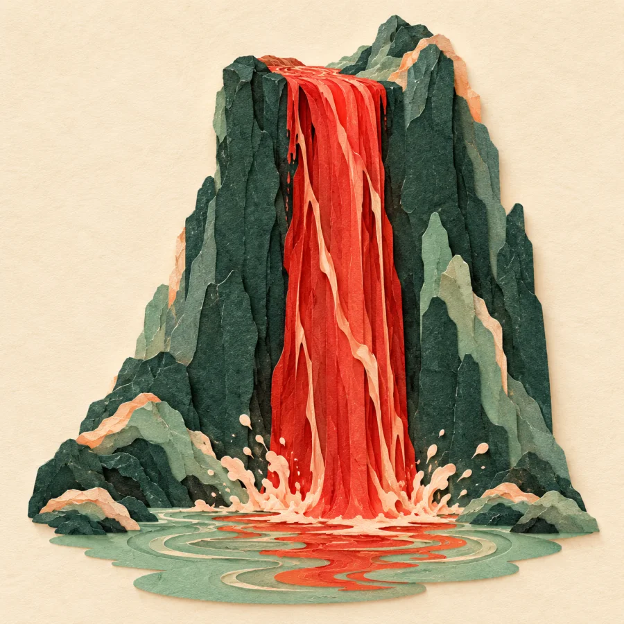 A waterfall pours down a high cliff into a small pool