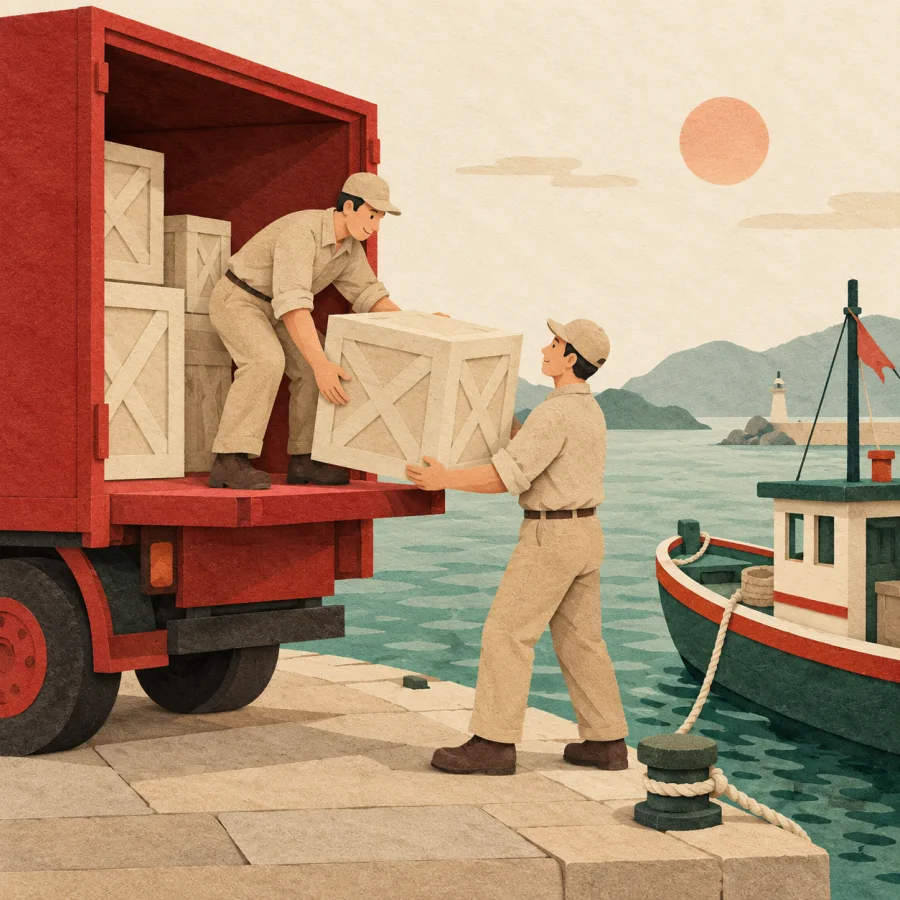 Two workers unload crates near a boat
