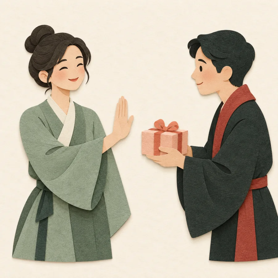 A person gently waves away an offered gift box