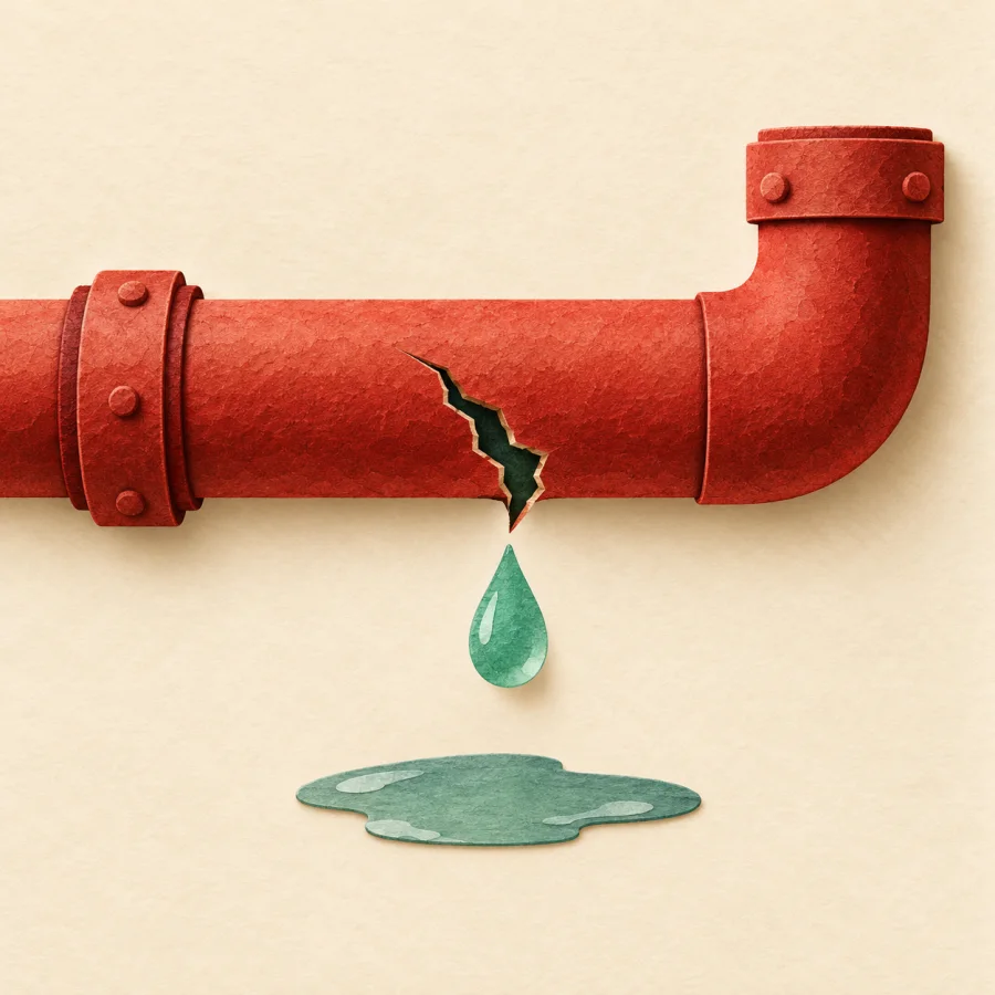 A cracked red pipe leaking a water drop into a puddle