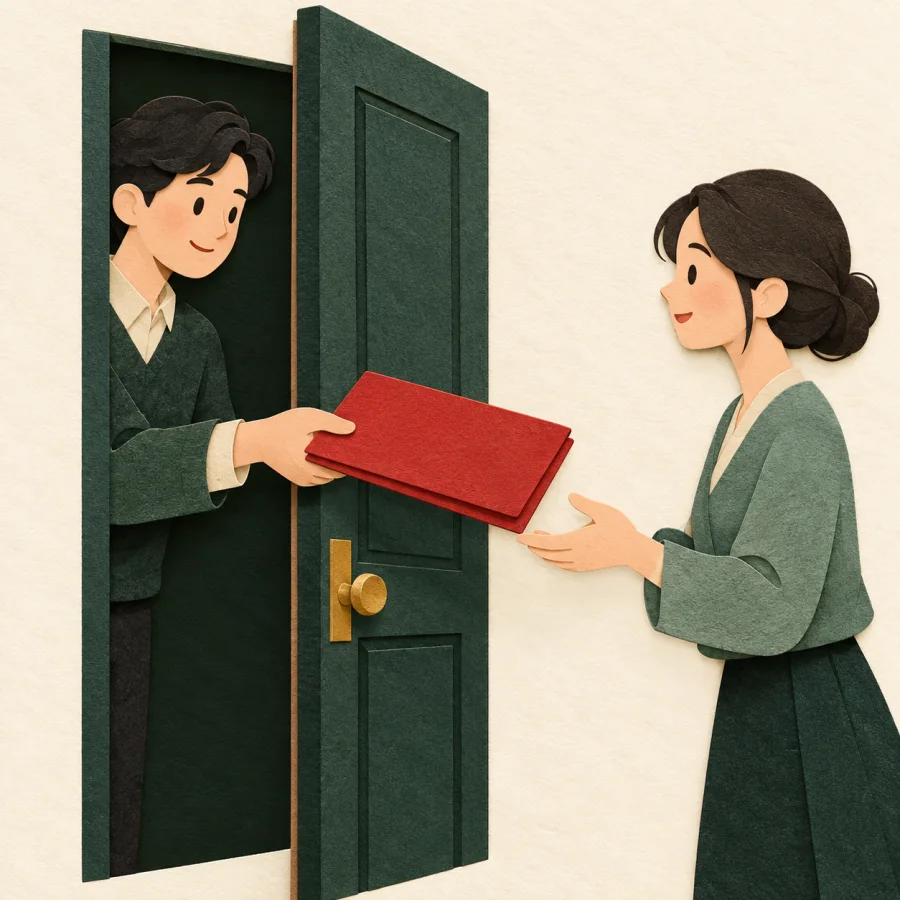A person secretly passes a red folder through a half-open door