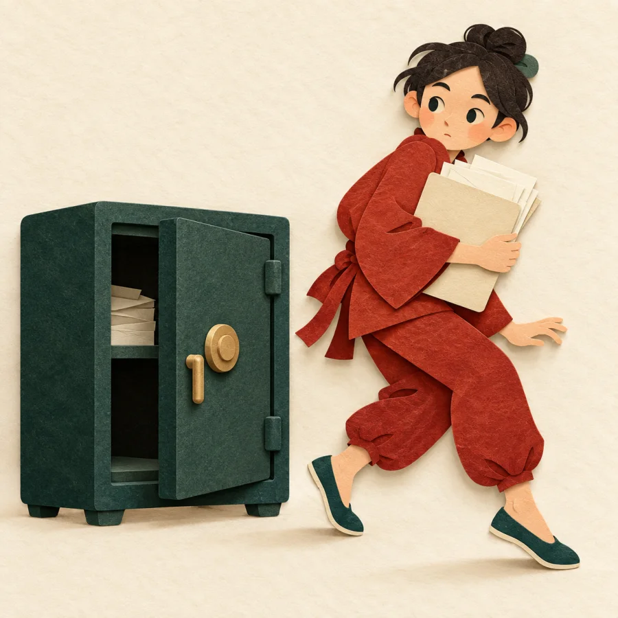 A figure tiptoes from a green safe ajar, carrying a folder