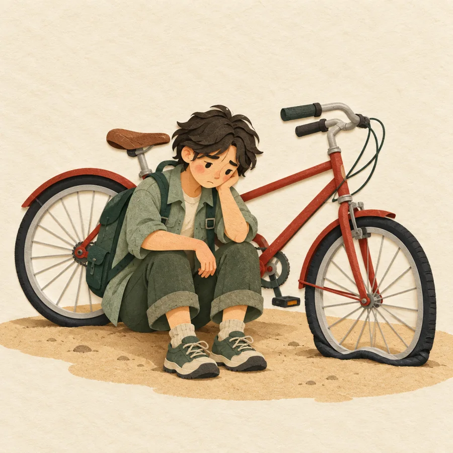 A dejected person sits beside a bicycle with a flat tyre