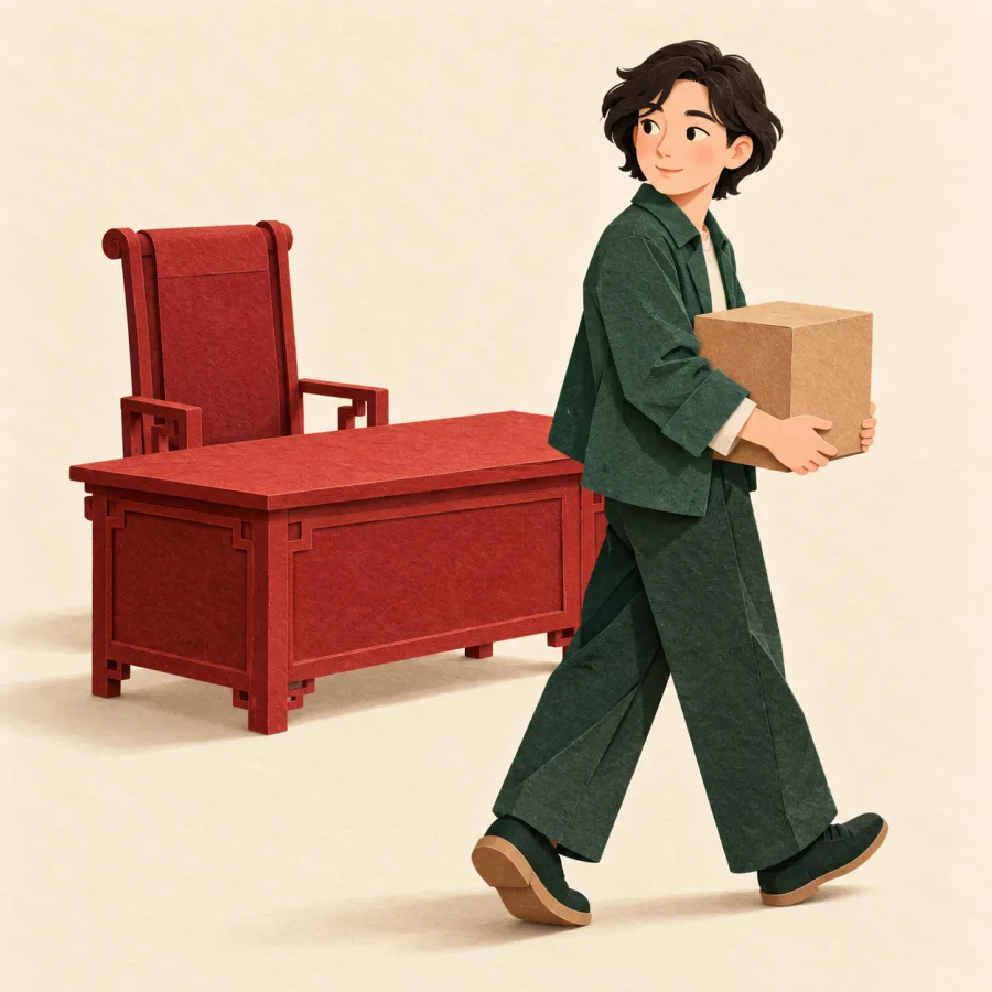A person carrying a box leaves an empty red desk behind