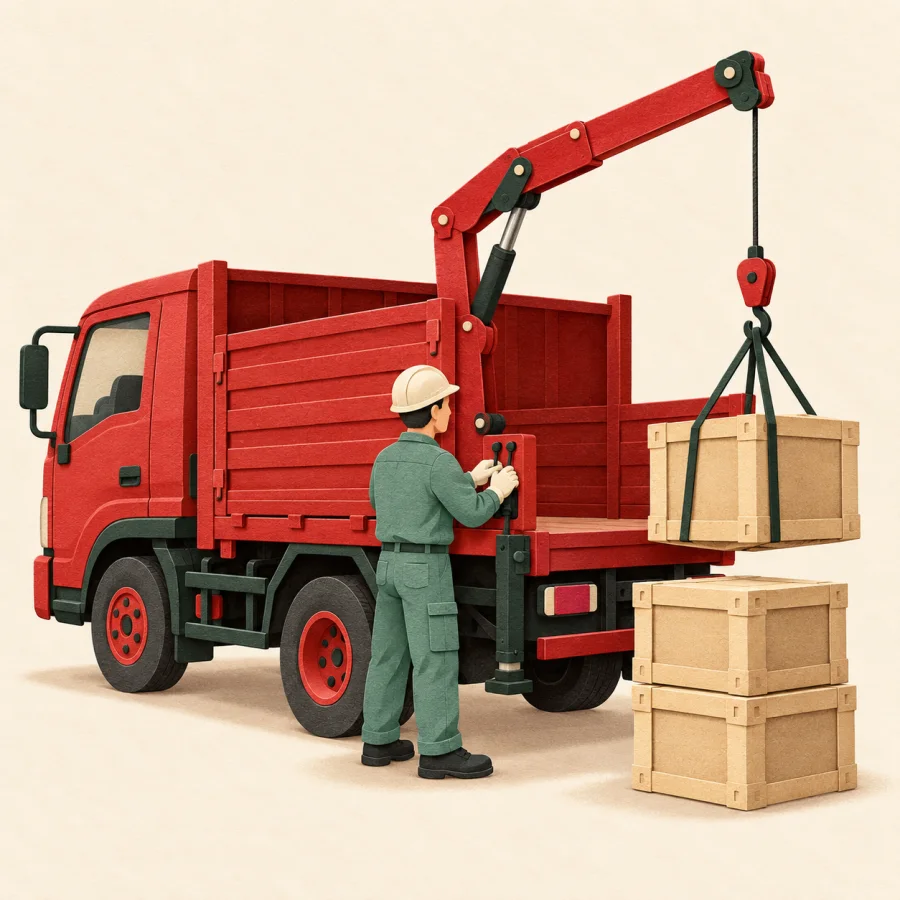 A worker unloads crates from a red truck with a hoist