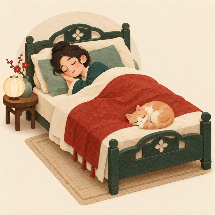A person sleeps peacefully with a peach-colored cat at their feet