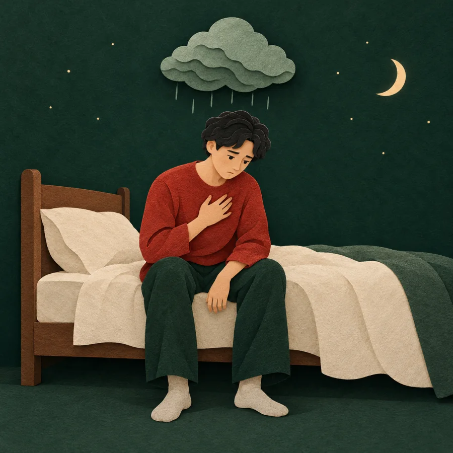 A person presses a hand to their chest beneath a small storm cloud