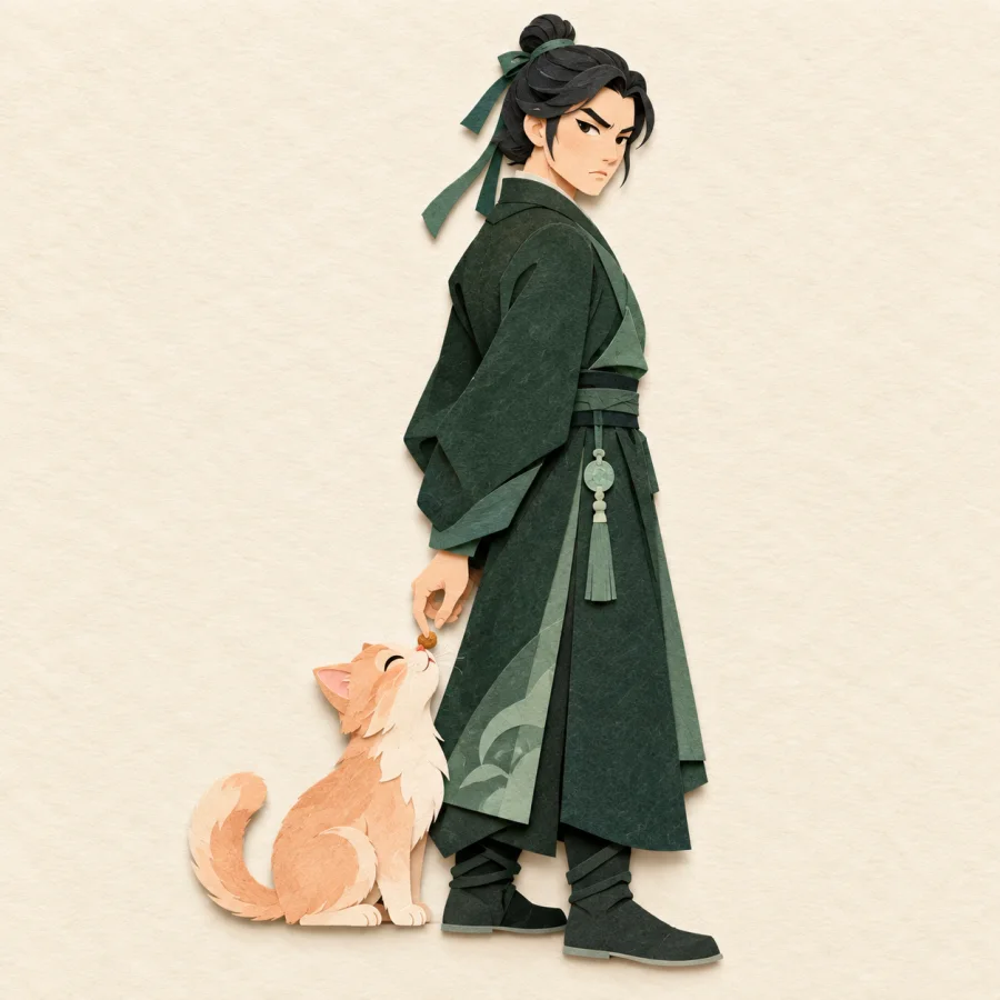 A stern person secretly feeds a kitten behind their back