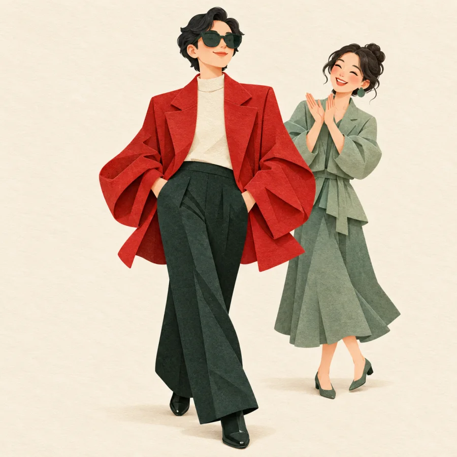 A person in a bold red jacket and big sunglasses delights a friend