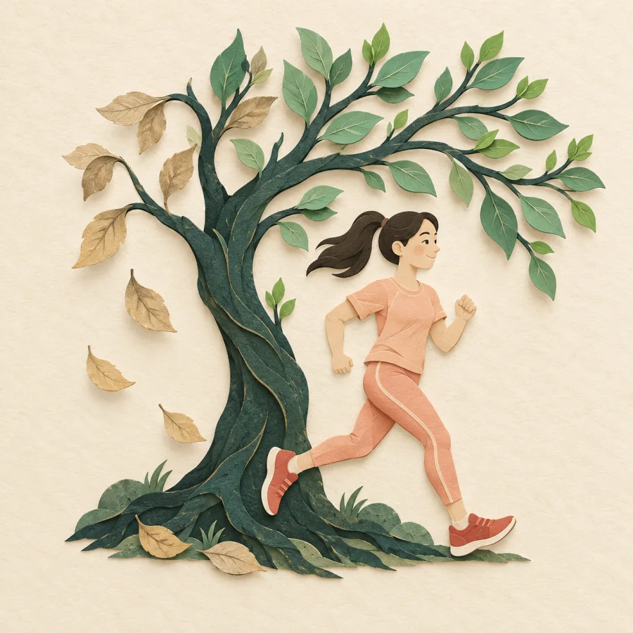 A runner jogging past a tree where fresh leaves replace fading ones