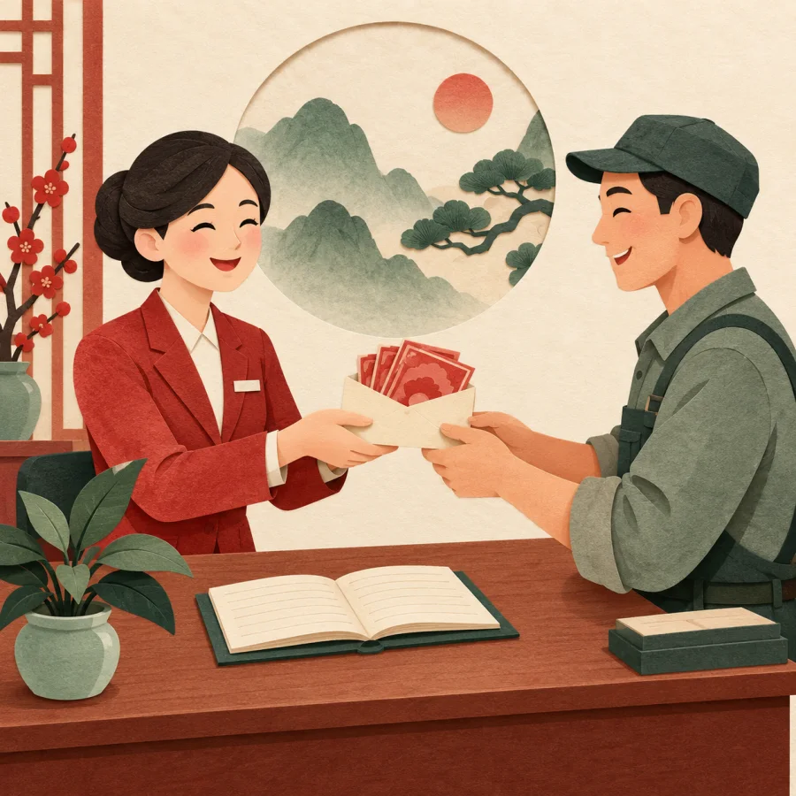A clerk handing a worker an envelope of banknotes over a ledger
