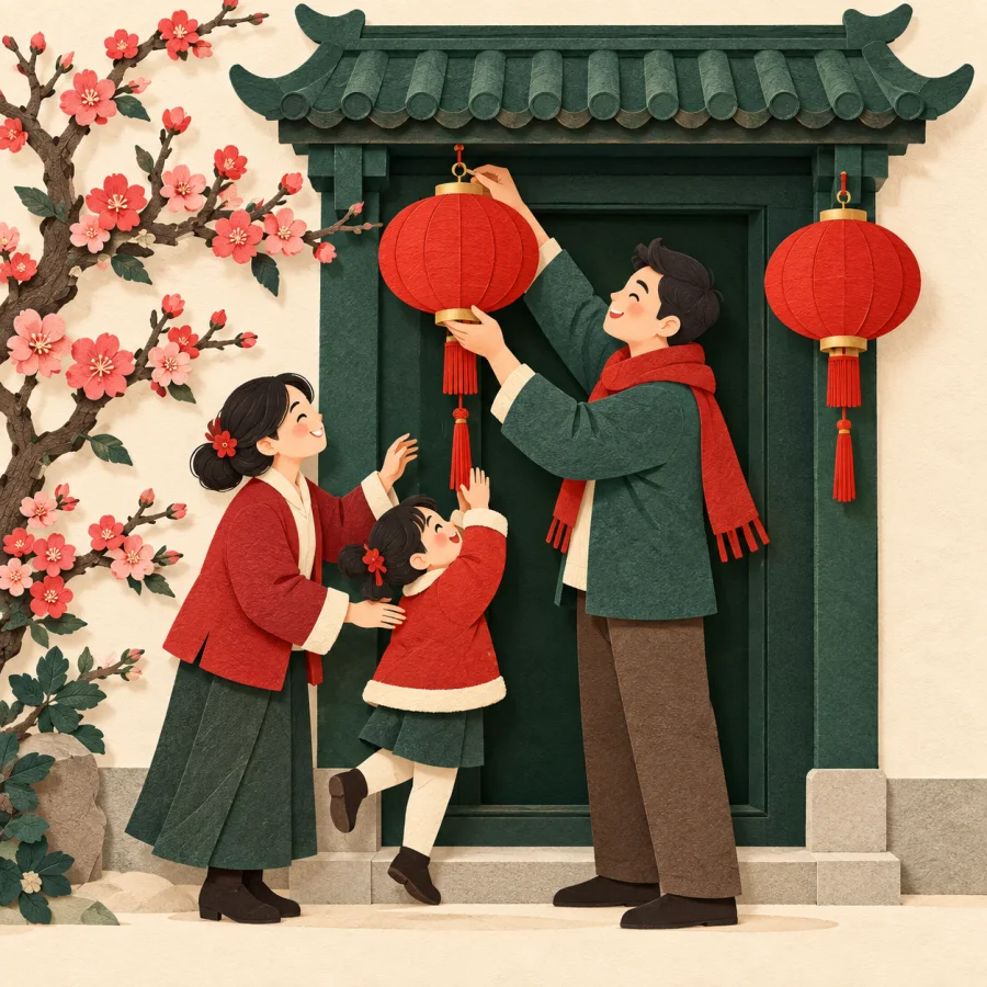 A family hanging red lanterns by a doorway with blooming peach branches